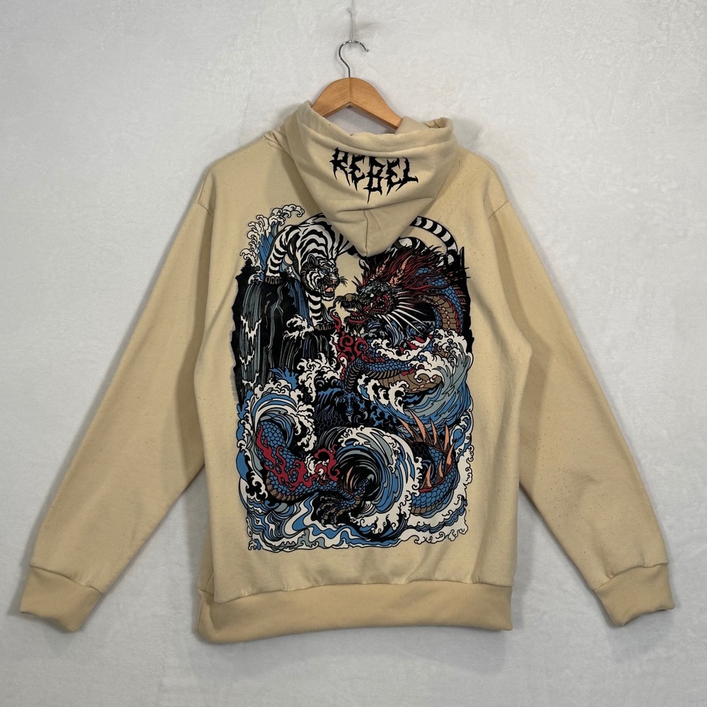 Rebel Vengeance Tan Dragon Tiger Graphic Hoodie Large